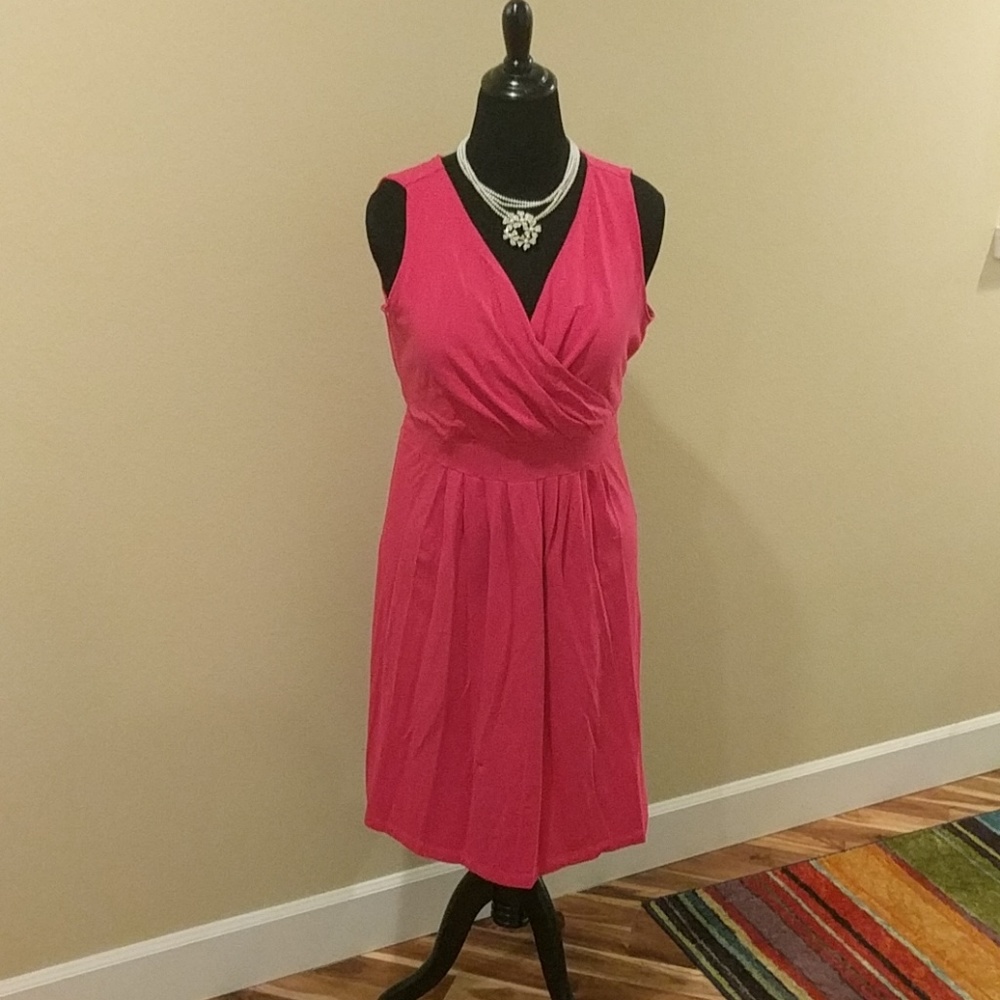 Deep V neck, A line dress, bright fuschia pink